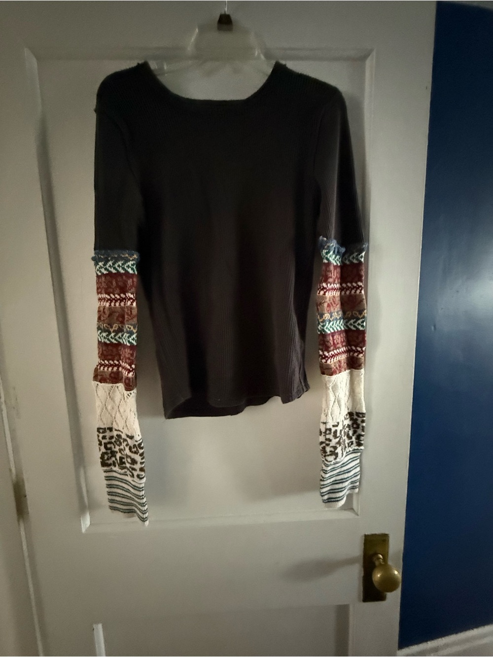 We The Free Black Long Sleeve Top with Patterned Multi-Color Knit Sleeves